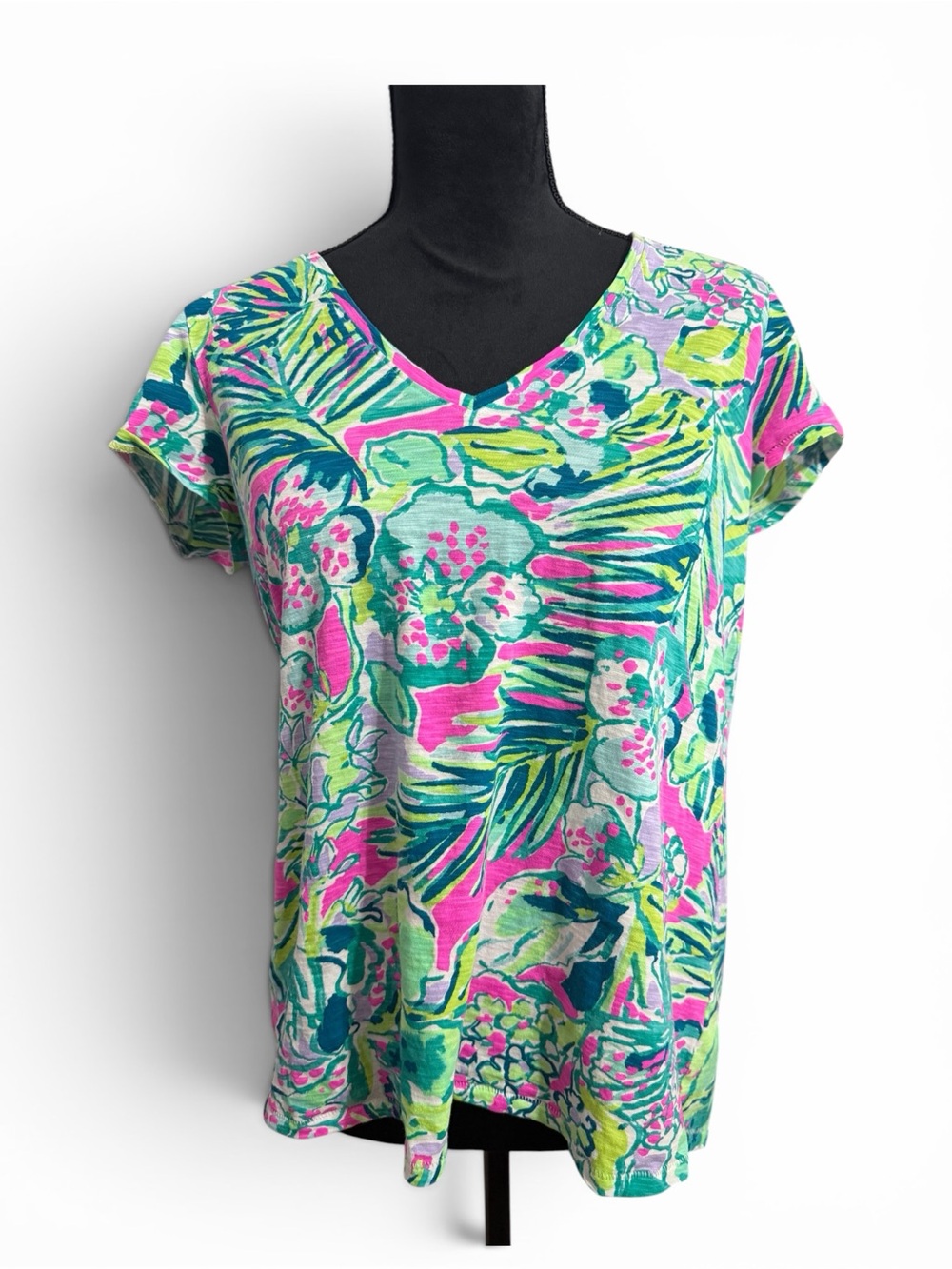Lilly Pulitzer Pink, Teal & Green Floral V-Neck Top Pima Cotton Tropical Beach